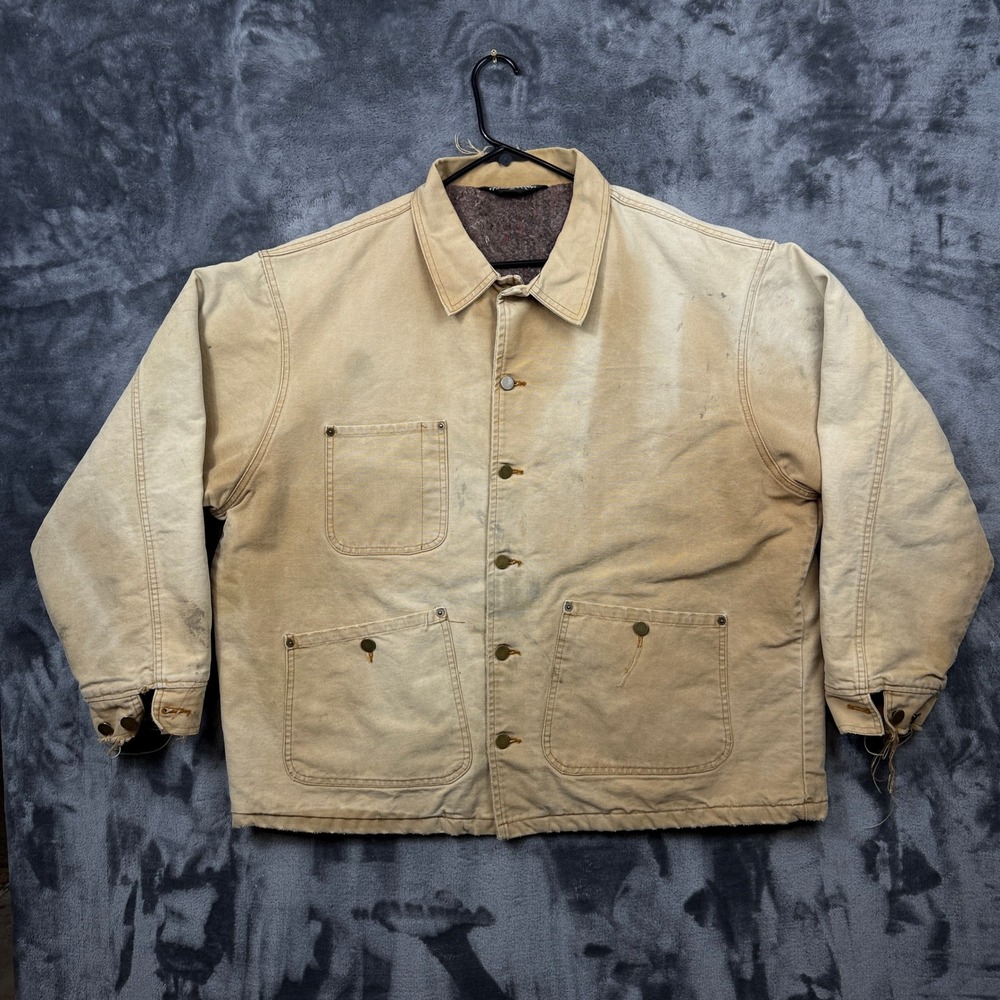 Sportsmaster Chore Coat Mens XL Tan Fair Distressed Canvas Blanket Lined USA